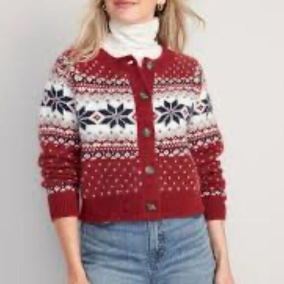 Old Navy Fair Isle Snowflake Cropped Cardigan Sweater Size XL Nordic Cabincore - Picture 8 of 8
